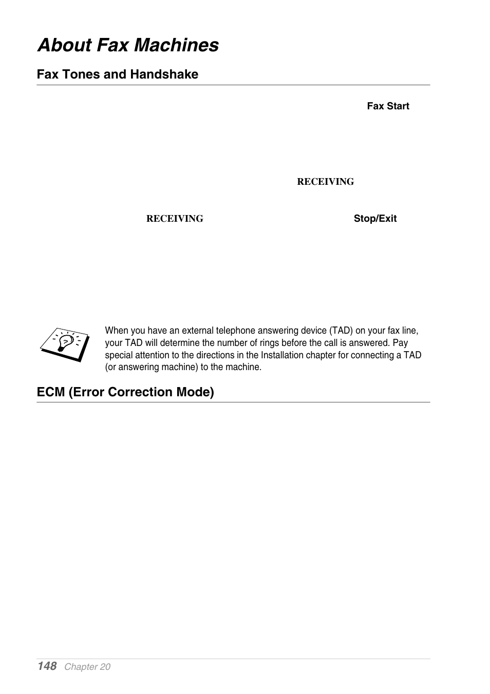 About fax machines, Fax tones and handshake, Ecm (error correction mode) | Brother MFC-9030 User Manual | Page 157 / 166