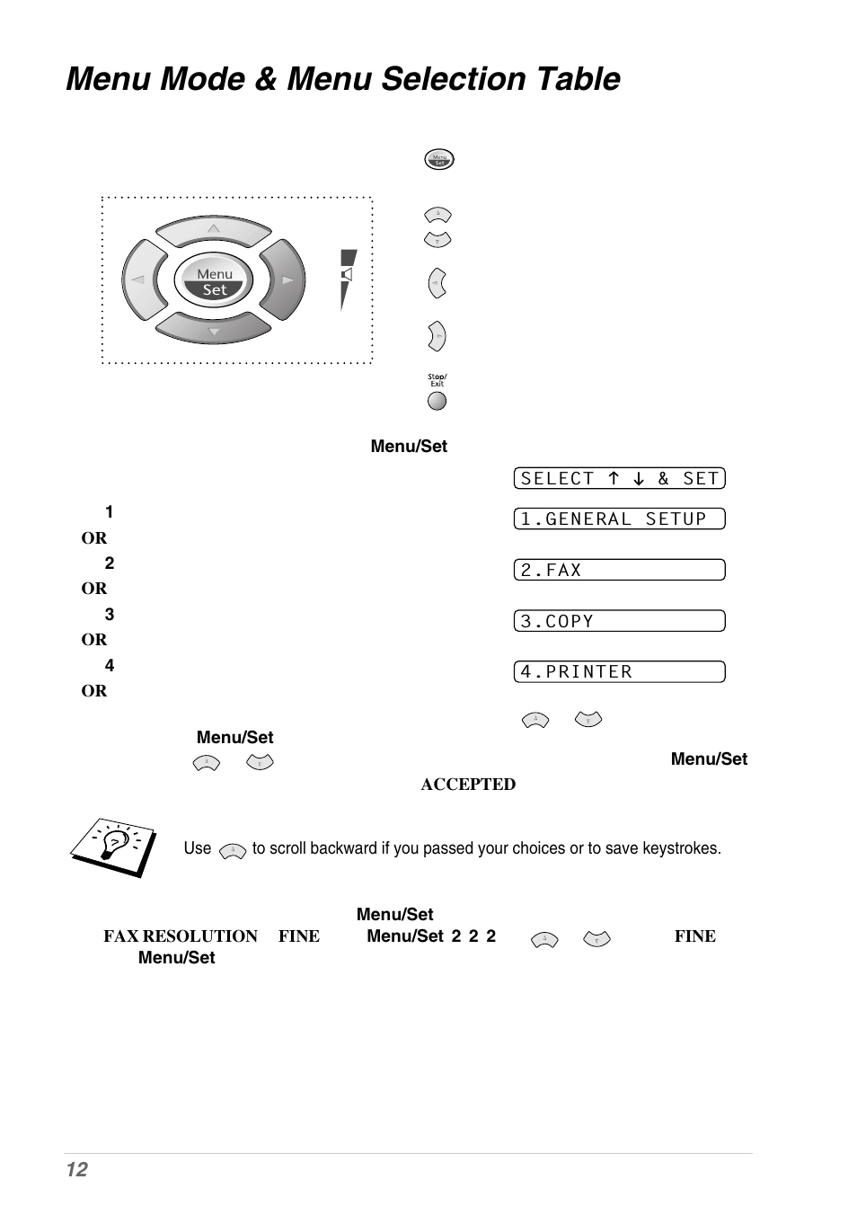 Menu mode & menu selection table | Brother MFC-9030 User Manual | Page 21 / 166