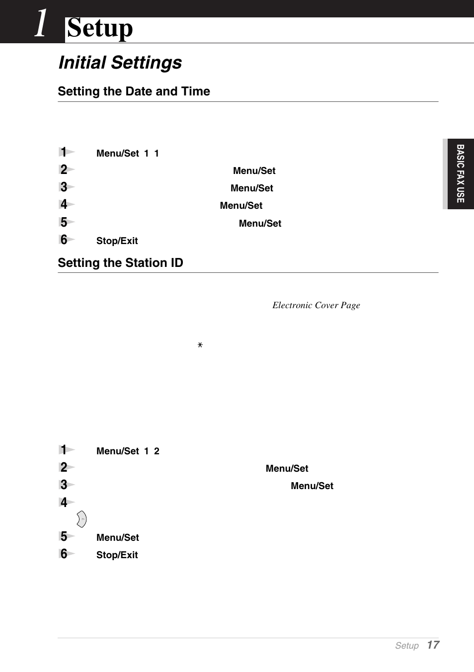 1 setup, Initial settings, Setting the date and time | Setting the station id, Chapter 1, Setup | Brother MFC-9030 User Manual | Page 26 / 166