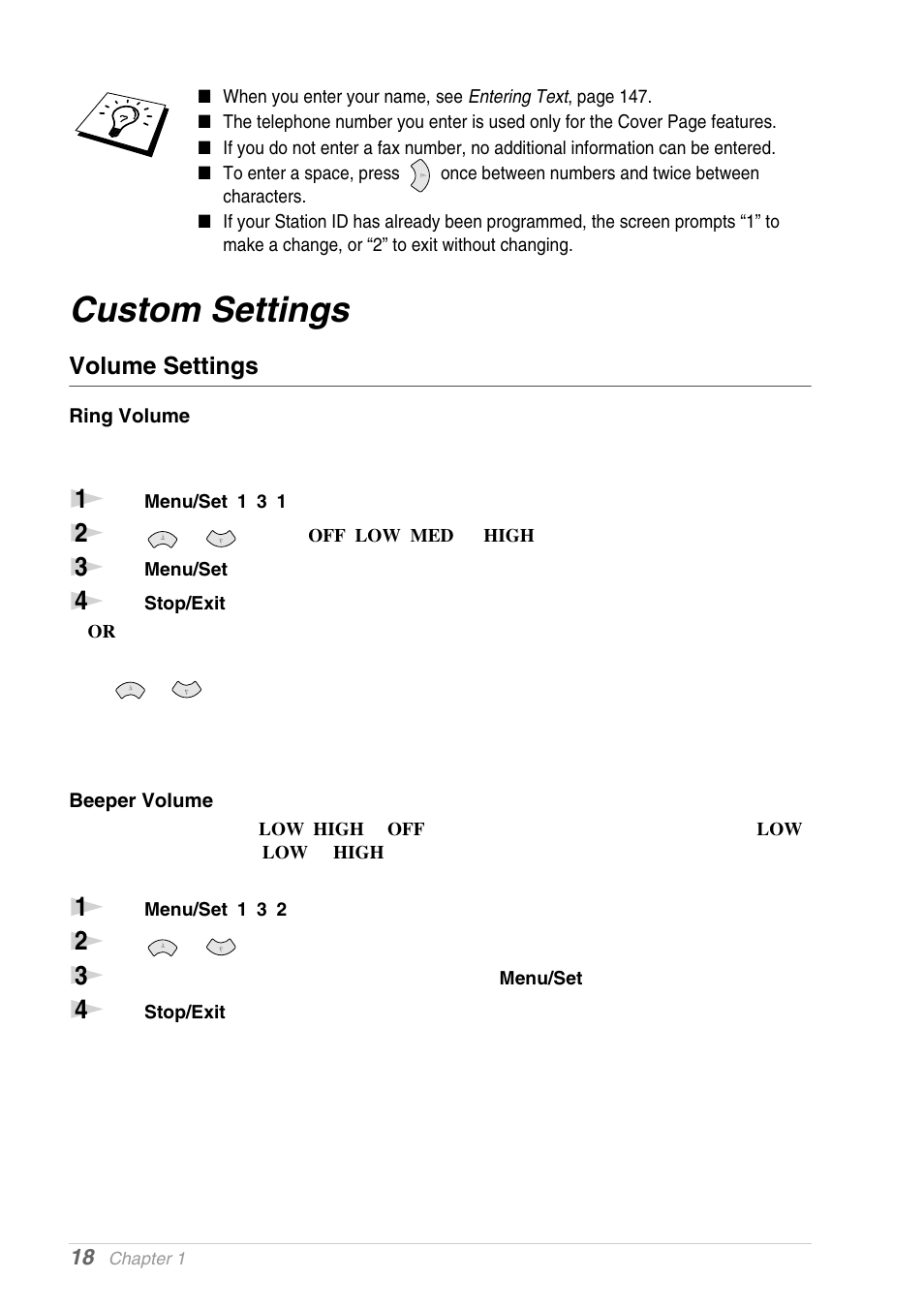 Custom settings, Volume settings, Ring volume | Beeper volume | Brother MFC-9030 User Manual | Page 27 / 166