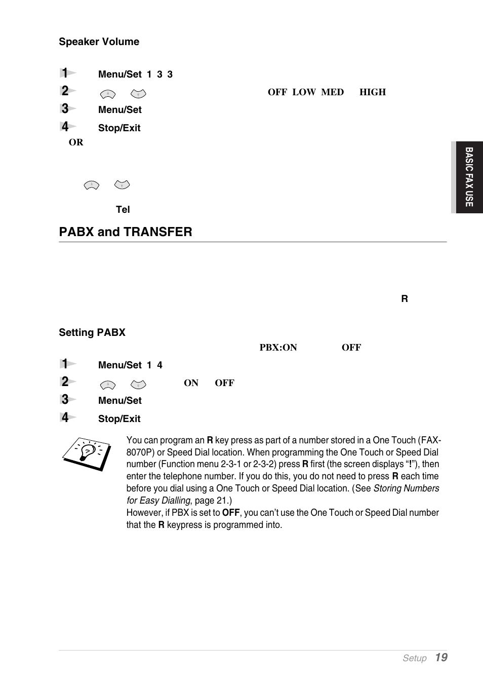 Speaker volume, Pabx and transfer, Setting pabx | Brother MFC-9030 User Manual | Page 28 / 166