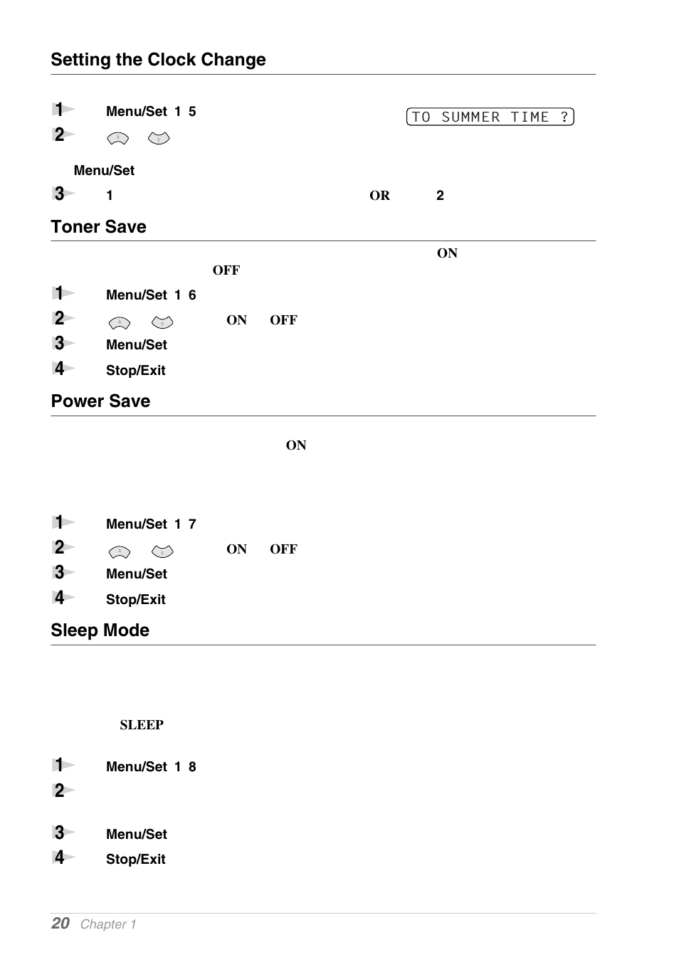 Setting the clock change, Toner save, Power save | Sleep mode | Brother MFC-9030 User Manual | Page 29 / 166