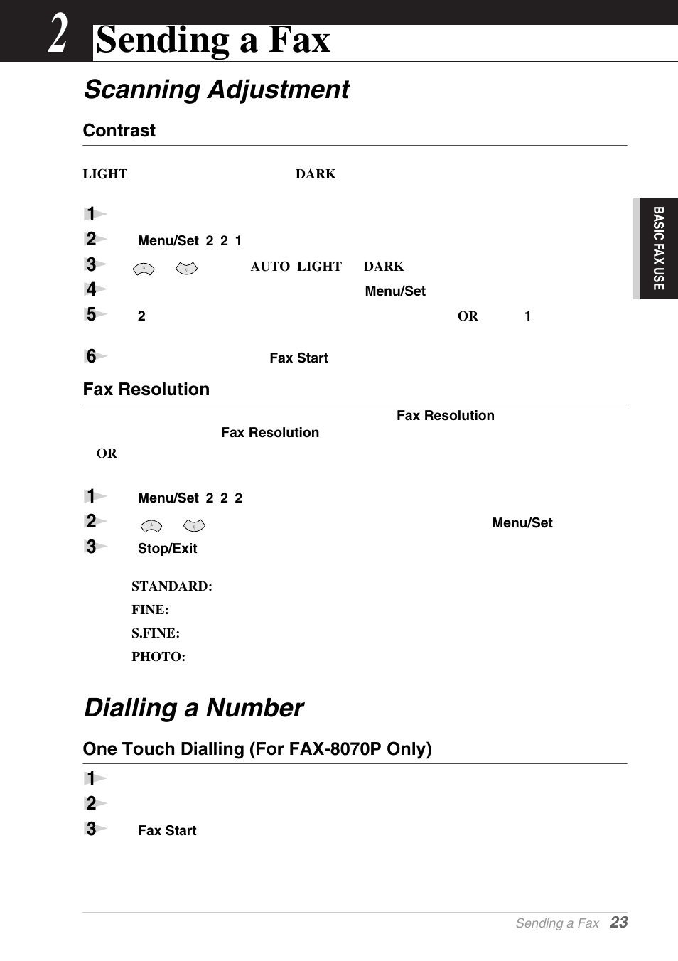 2 sending a fax, Scanning adjustment, Contrast | Fax resolution, Dialling a number, One touch dialling (for fax-8070p only), Chapter 2, Sending a fax, Scanning adjustment dialling a number | Brother MFC-9030 User Manual | Page 32 / 166