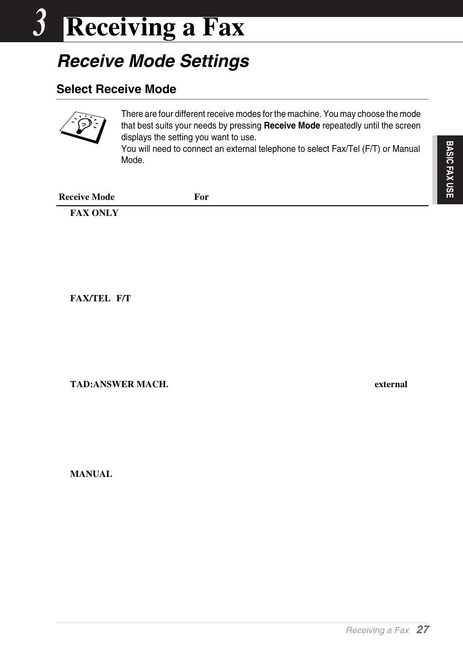 3 receiving a fax, Receive mode settings, Select receive mode | Chapter 3, Receiving a fax | Brother MFC-9030 User Manual | Page 36 / 166