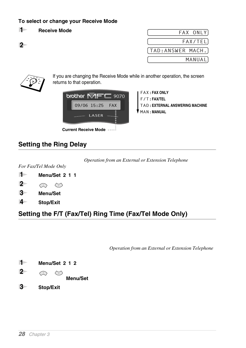 To select or change your receive mode, Setting the ring delay | Brother MFC-9030 User Manual | Page 37 / 166