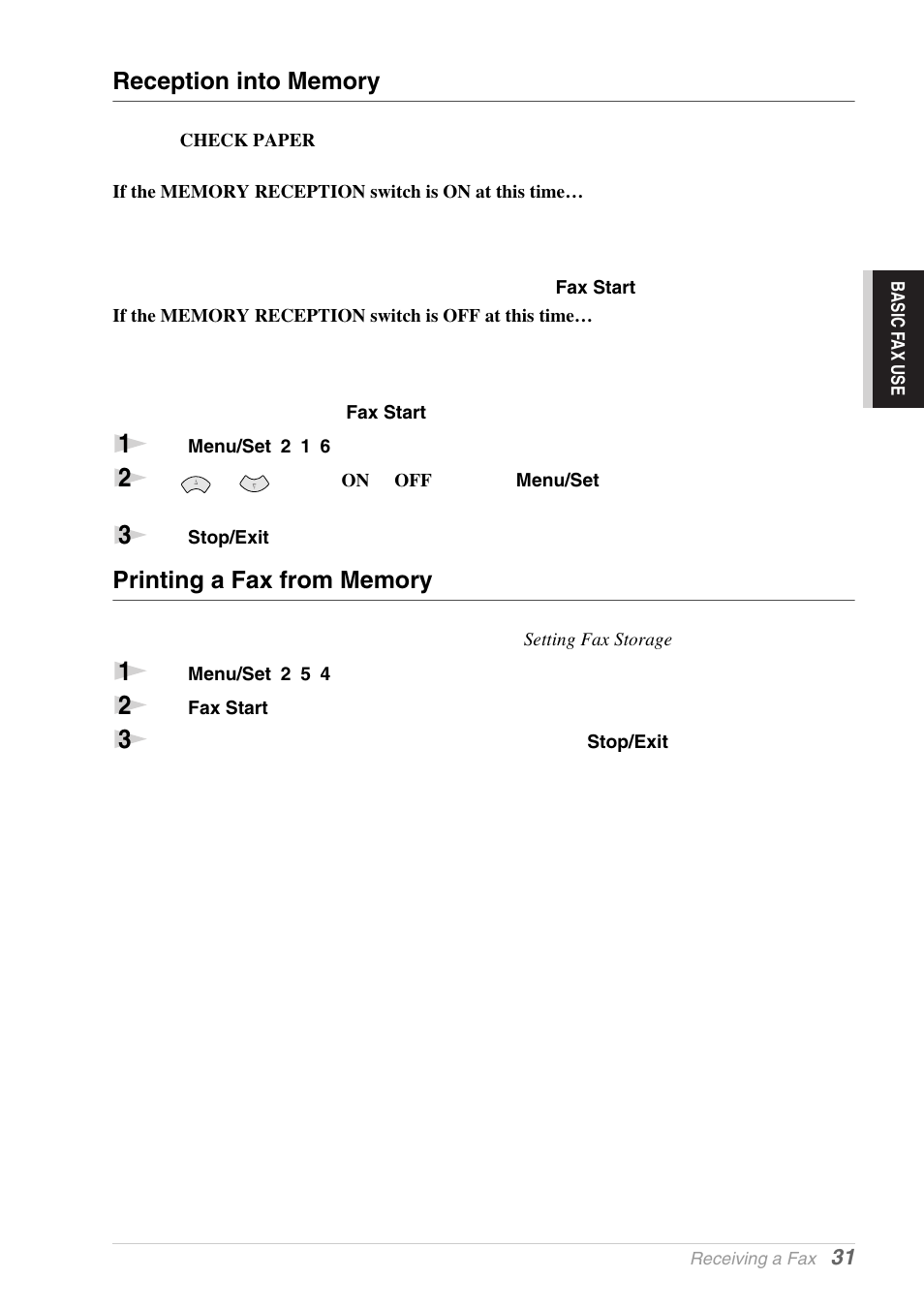 Reception into memory, Printing a fax from memory | Brother MFC-9030 User Manual | Page 40 / 166