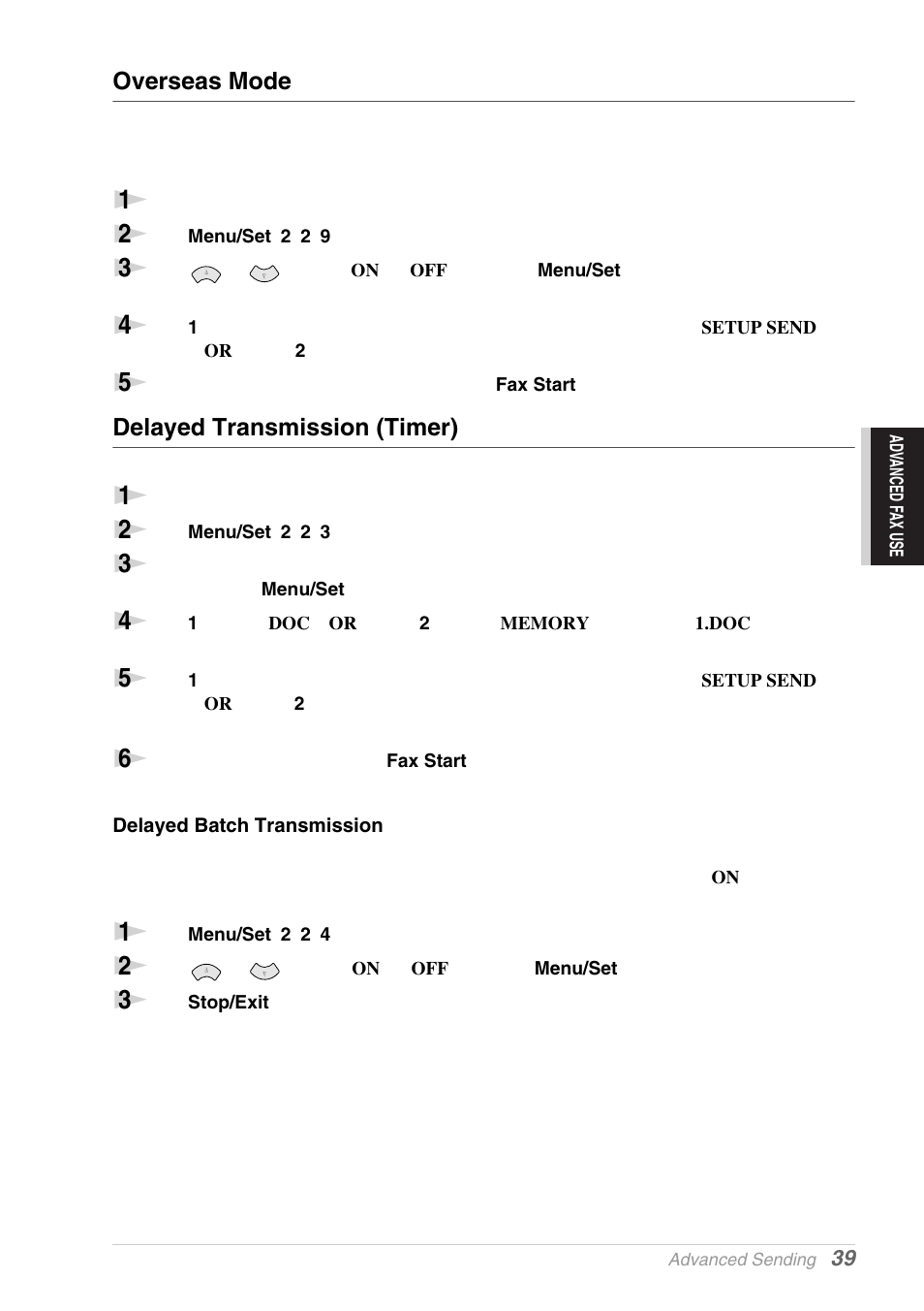 Overseas mode, Delayed transmission (timer), Delayed batch transmission | Brother MFC-9030 User Manual | Page 48 / 166