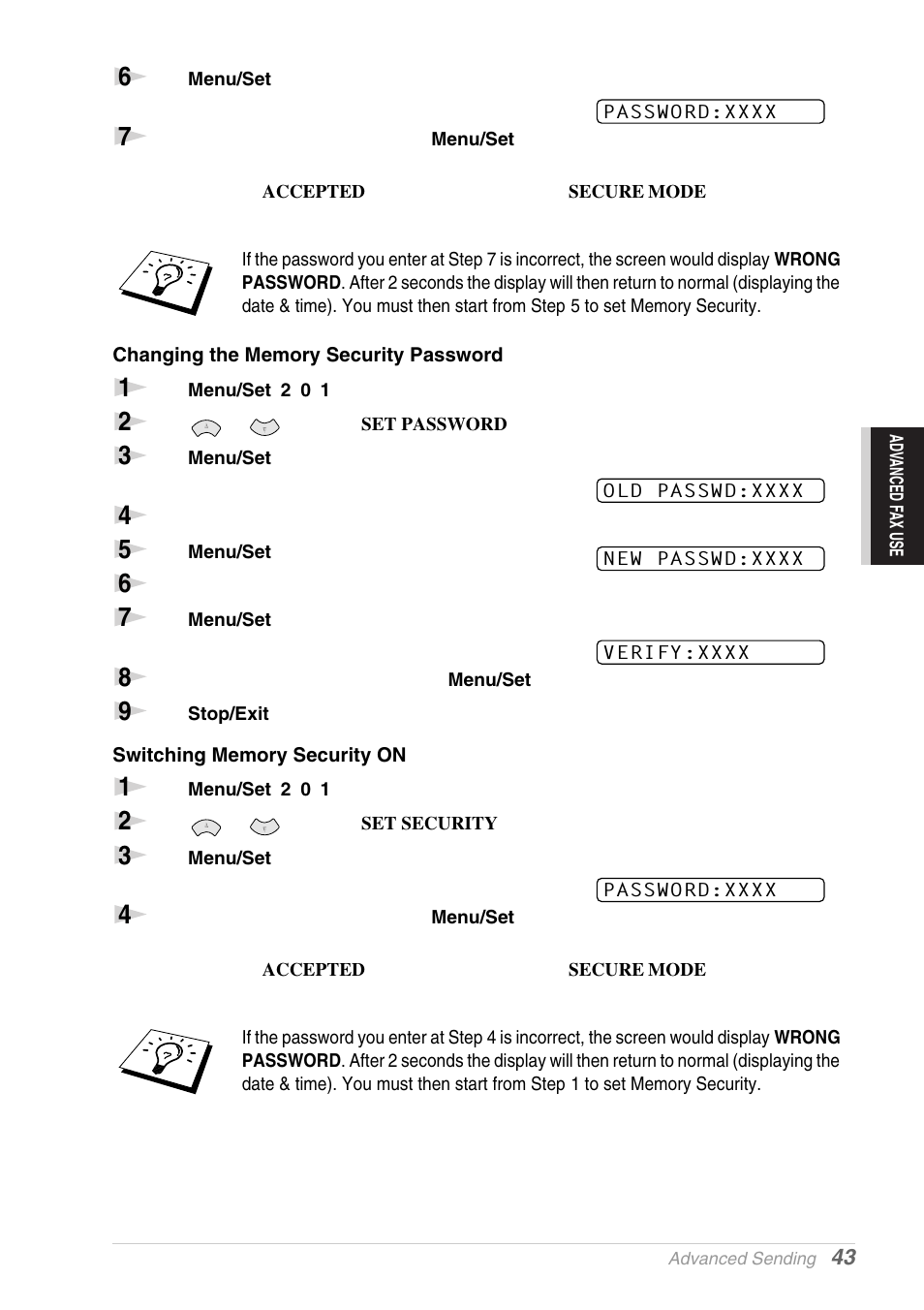 Changing the memory security password, Switching memory security on | Brother MFC-9030 User Manual | Page 52 / 166