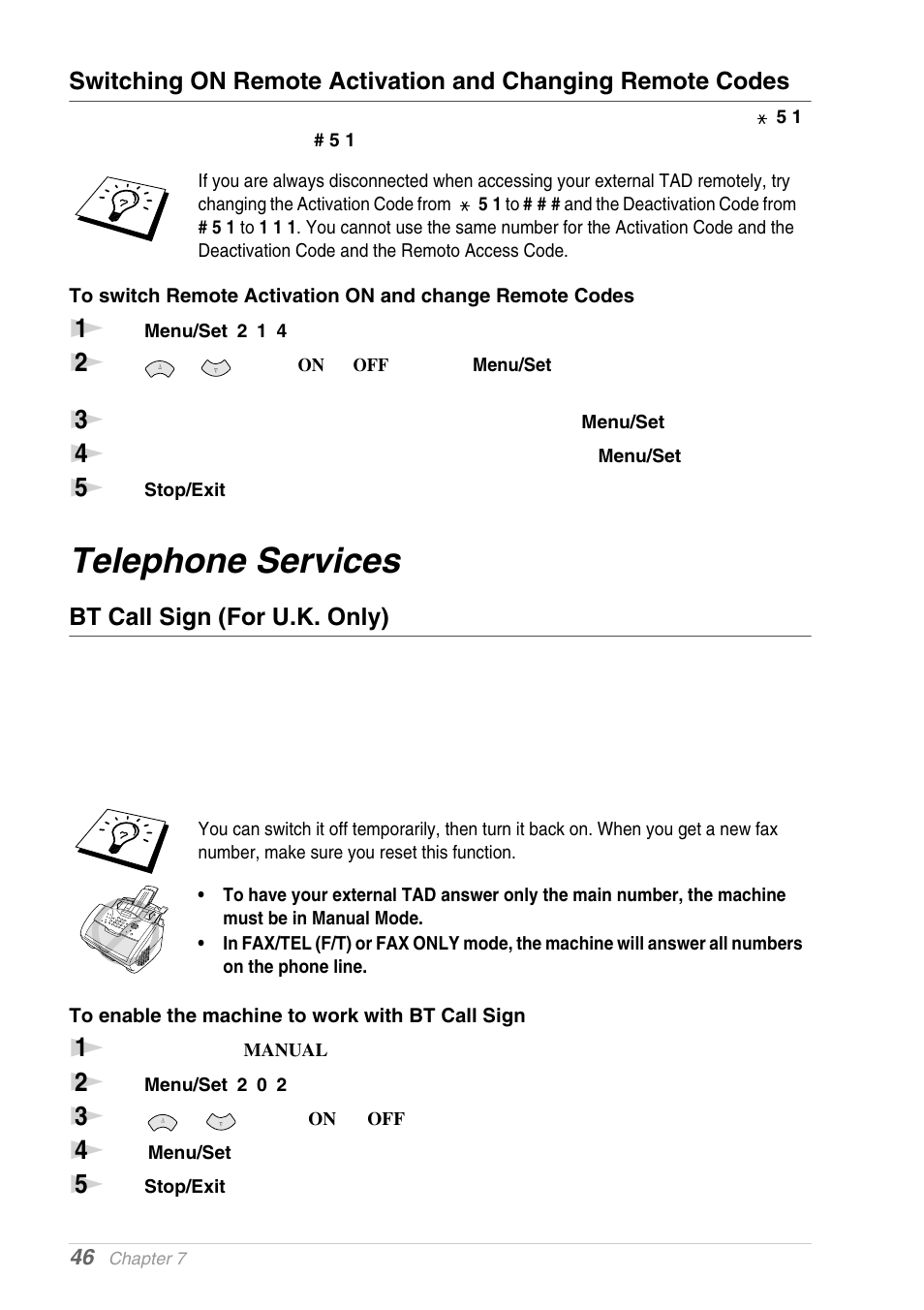 Telephone services, Bt call sign (for u.k. only), To enable the machine to work with bt call sign | Brother MFC-9030 User Manual | Page 55 / 166