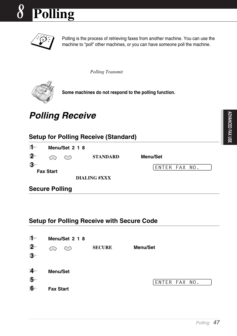 8 polling, Polling receive, Setup for polling receive (standard) | Secure polling, Setup for polling receive with secure code, Chapter 8, Polling | Brother MFC-9030 User Manual | Page 56 / 166