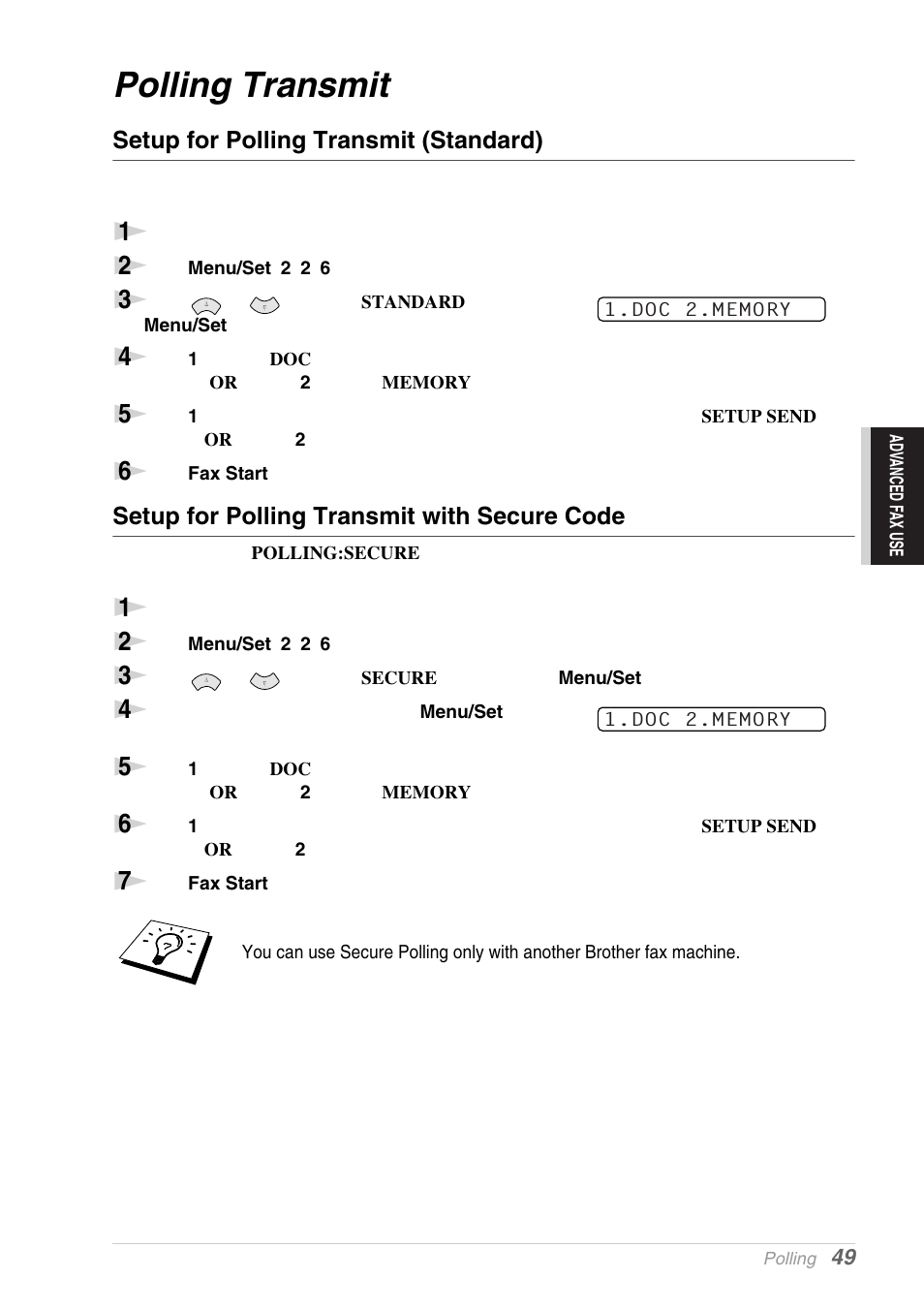 Polling transmit, Setup for polling transmit (standard), Setup for polling transmit with secure code | Brother MFC-9030 User Manual | Page 58 / 166