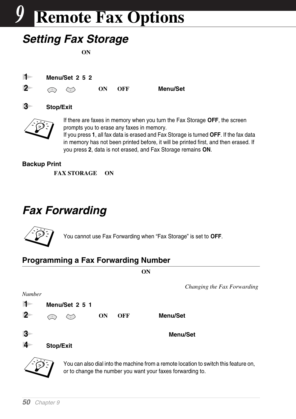 9 remote fax options, Setting fax storage, Backup print | Fax forwarding, Programming a fax forwarding number, Chapter 9, Remote fax options, Setting fax storage fax forwarding | Brother MFC-9030 User Manual | Page 59 / 166