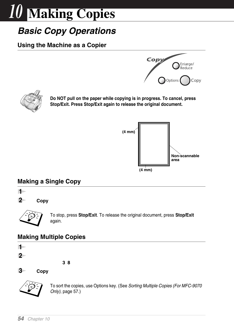 10 making copies, Basic copy operations, Using the machine as a copier | Making a single copy, Making multiple copies, Chapter 10, Making copies | Brother MFC-9030 User Manual | Page 63 / 166