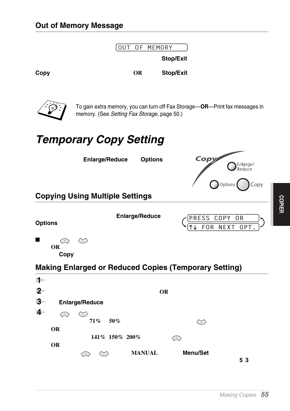 Out of memory message, Temporary copy setting, Copying using multiple settings | Brother MFC-9030 User Manual | Page 64 / 166