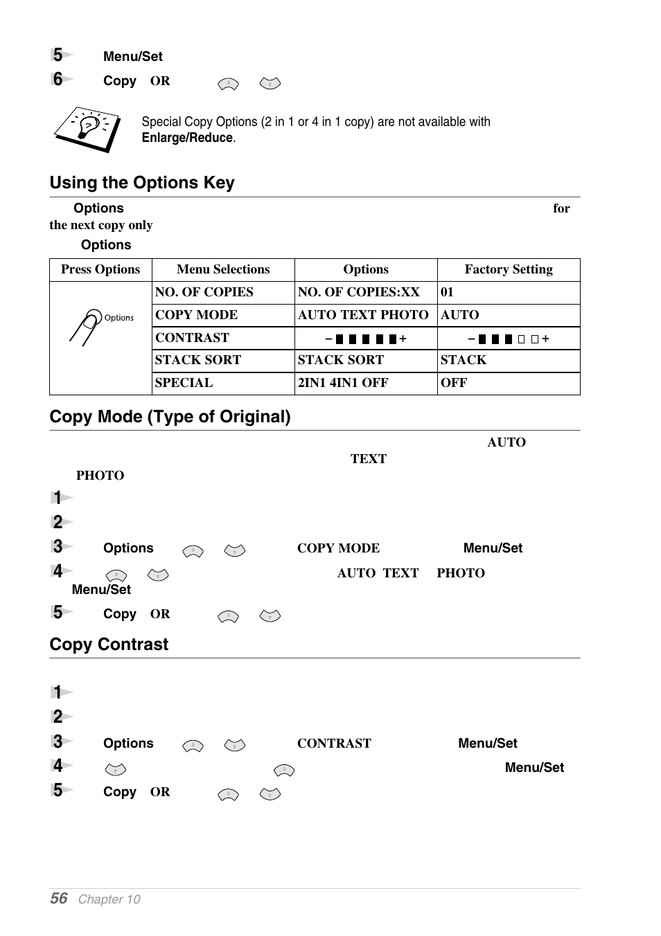 Using the options key, Copy mode (type of original), Copy contrast | Brother MFC-9030 User Manual | Page 65 / 166