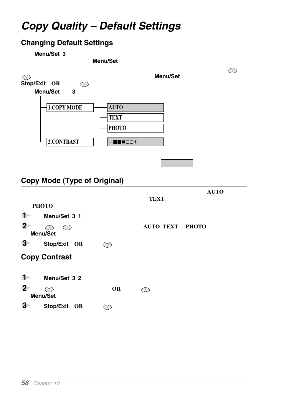 Copy quality – default settings, Changing default settings, Copy mode (type of original) | Copy contrast | Brother MFC-9030 User Manual | Page 67 / 166