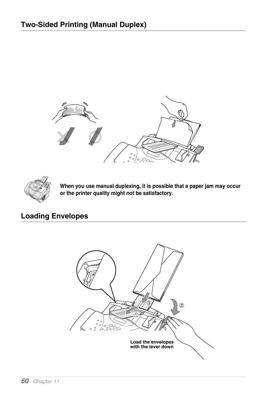 Two-sided printing (manual duplex), Loading envelopes | Brother MFC-9030 User Manual | Page 69 / 166
