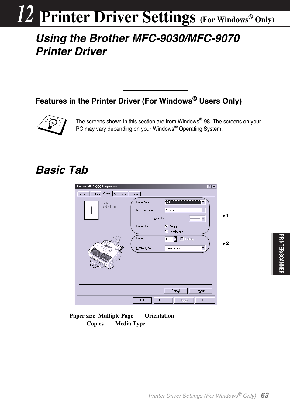 12 printer driver settings (for windows® only), Using the brother mfc-9030/mfc-9070 printer driver, Basic tab | Chapter 12, Printer driver settings (for windows, Only), Printer driver settings | Brother MFC-9030 User Manual | Page 72 / 166