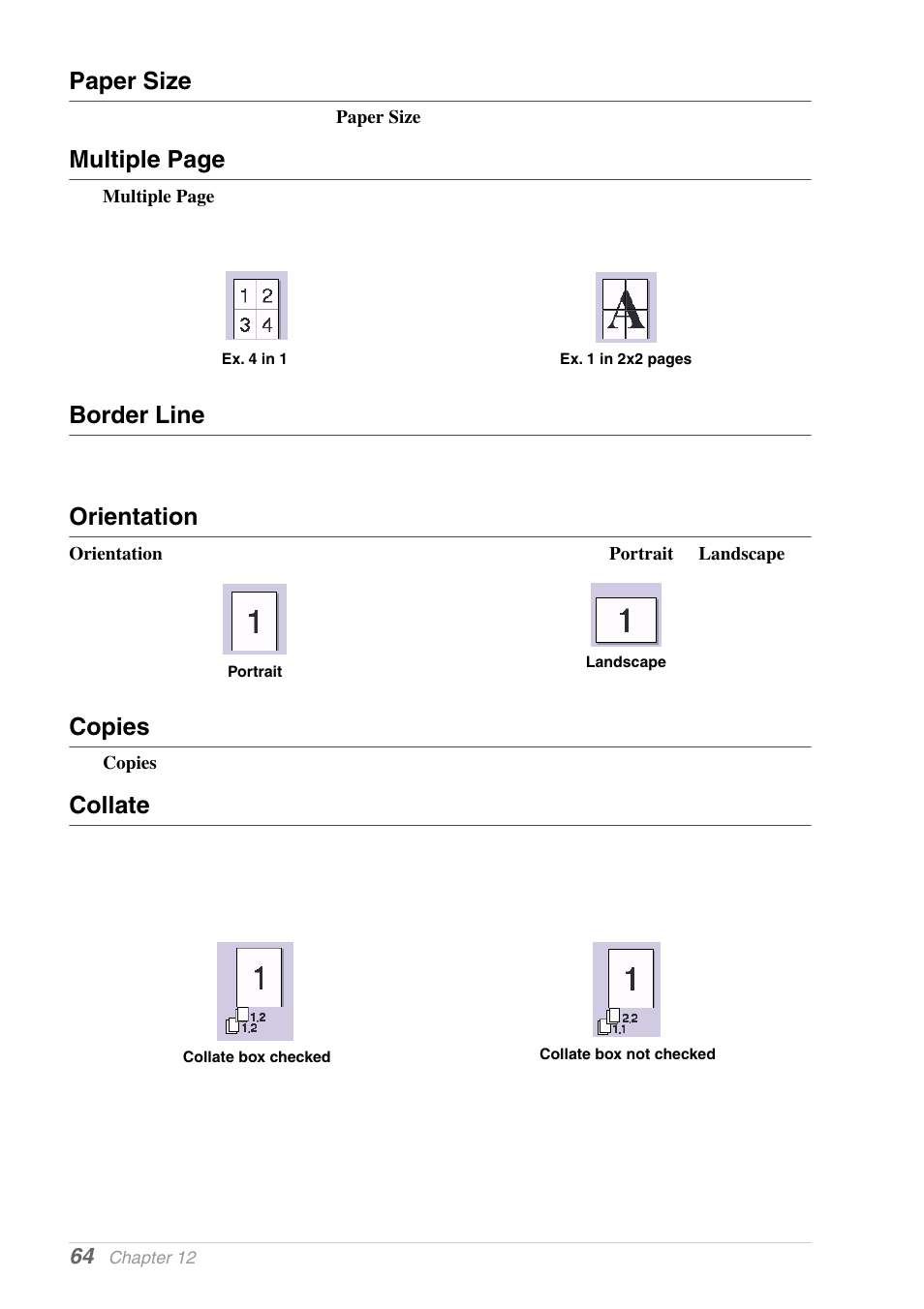 Paper size, Border line, Orientation | Copies, Collate, Multiple page | Brother MFC-9030 User Manual | Page 73 / 166