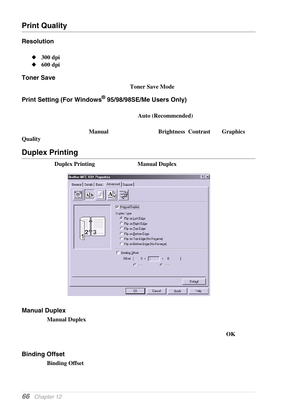 Print quality, Resolution, Toner save | Duplex printing, Manual duplex, Binding offset | Brother MFC-9030 User Manual | Page 75 / 166