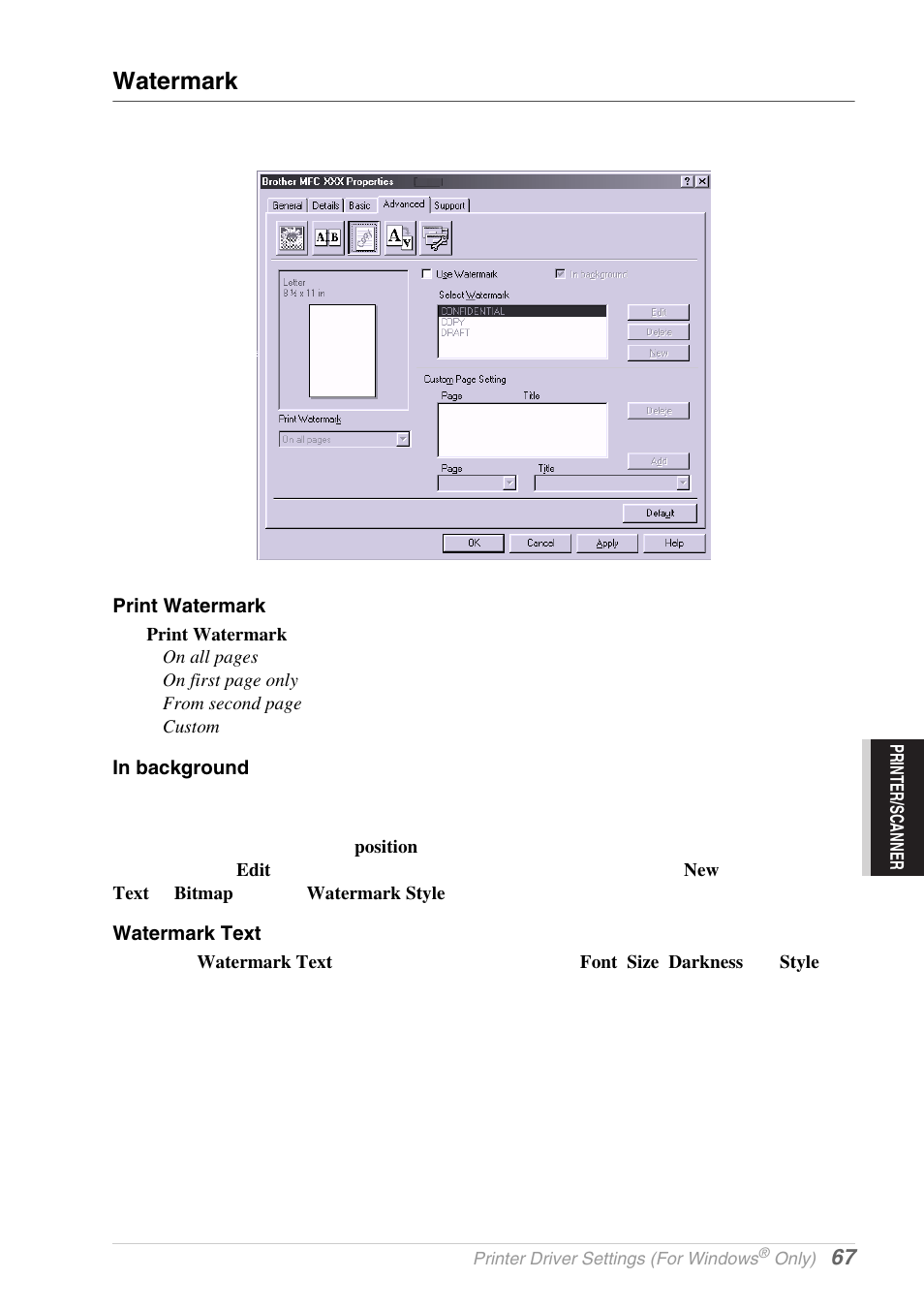 Watermark, Print watermark, In background | Watermark text | Brother MFC-9030 User Manual | Page 76 / 166