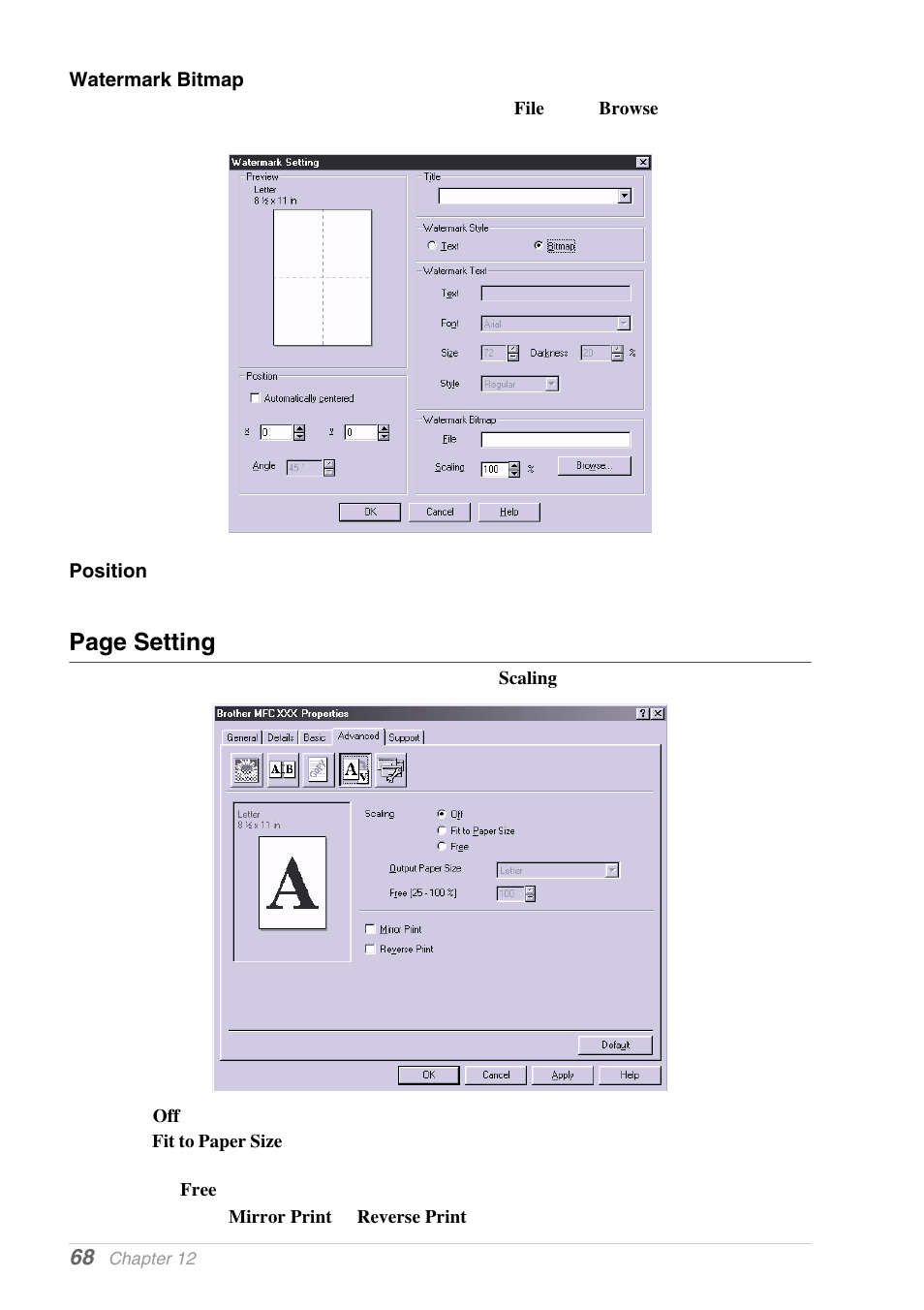 Watermark bitmap, Position, Page setting | Brother MFC-9030 User Manual | Page 77 / 166