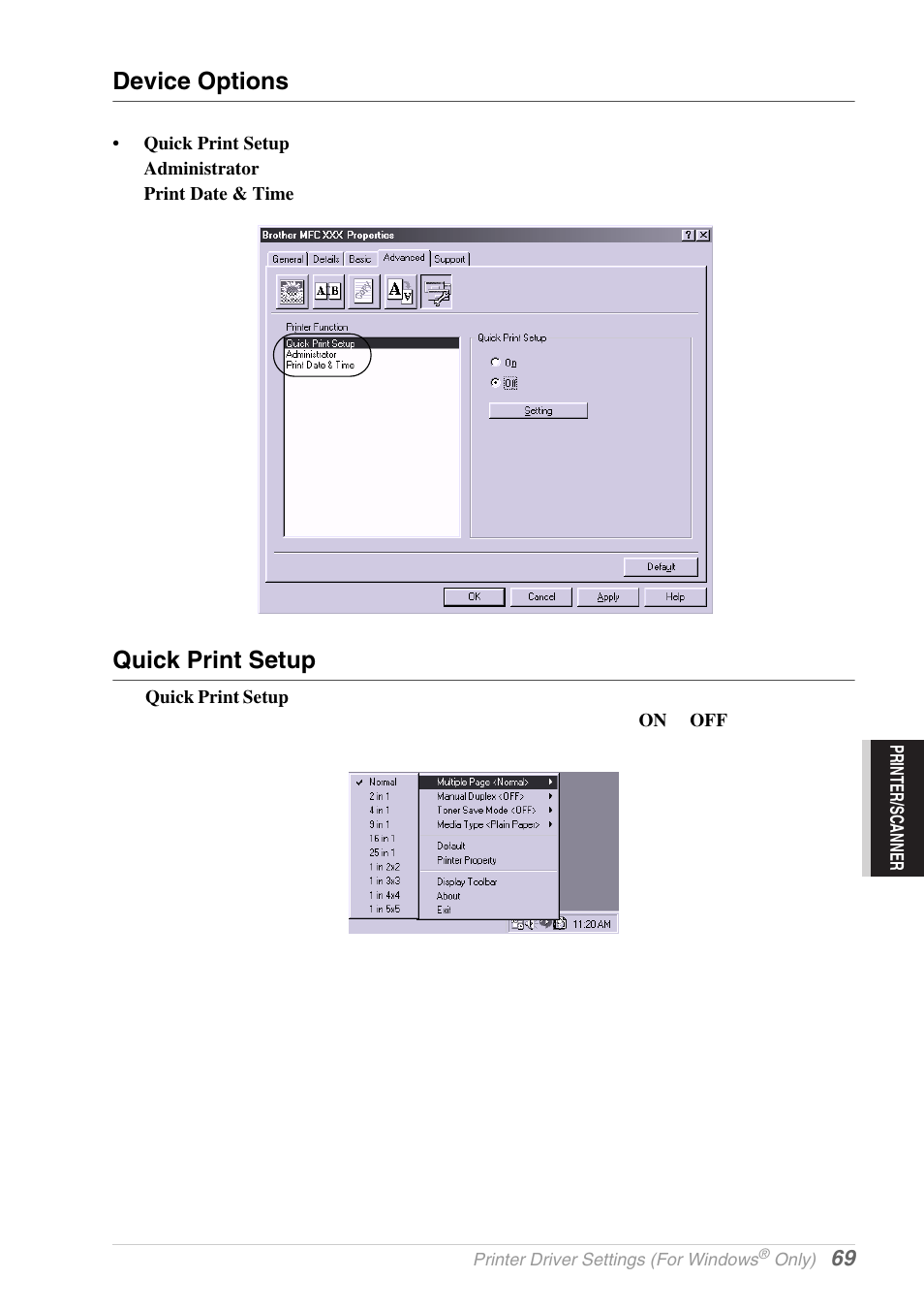 Device options, Quick print setup | Brother MFC-9030 User Manual | Page 78 / 166