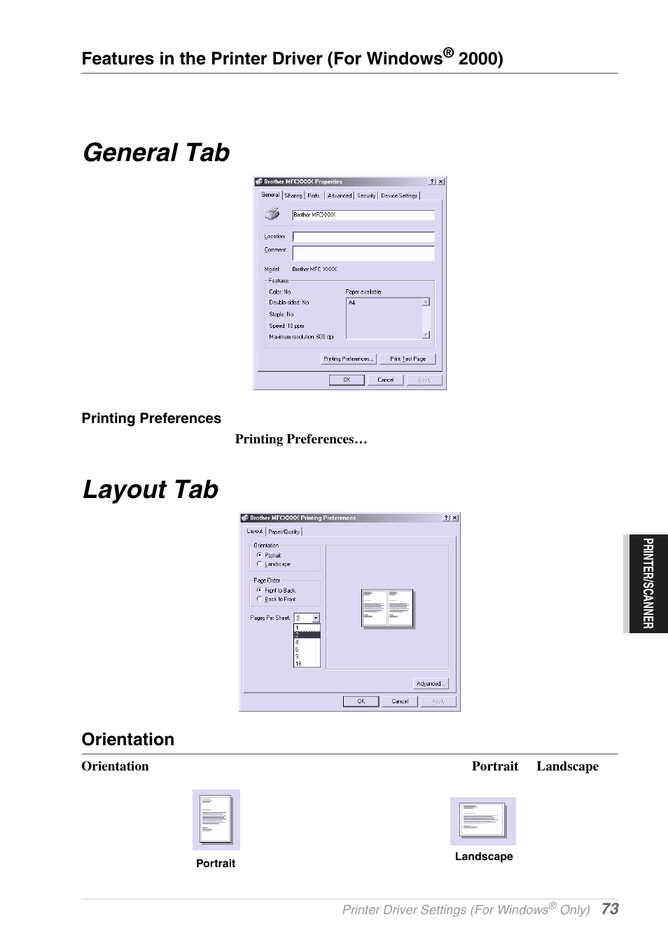 Features in the printer driver (for windows® 2000), General tab, Printing preferences | Layout tab, Orientation, General tab layout tab, Features in the printer driver (for windows | Brother MFC-9030 User Manual | Page 82 / 166