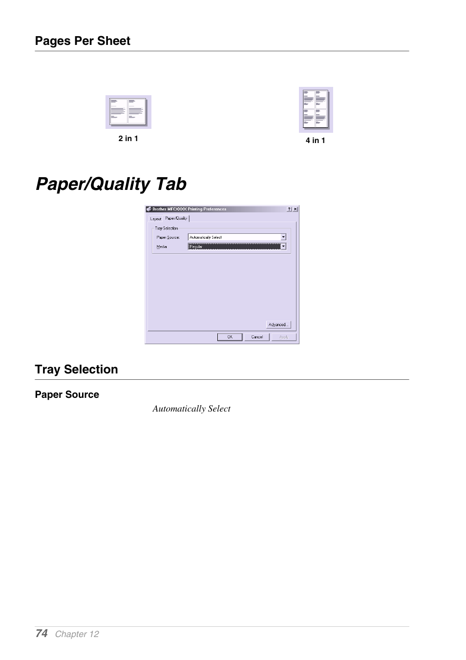 Paper/quality tab, Tray selection, Paper source | Brother MFC-9030 User Manual | Page 83 / 166