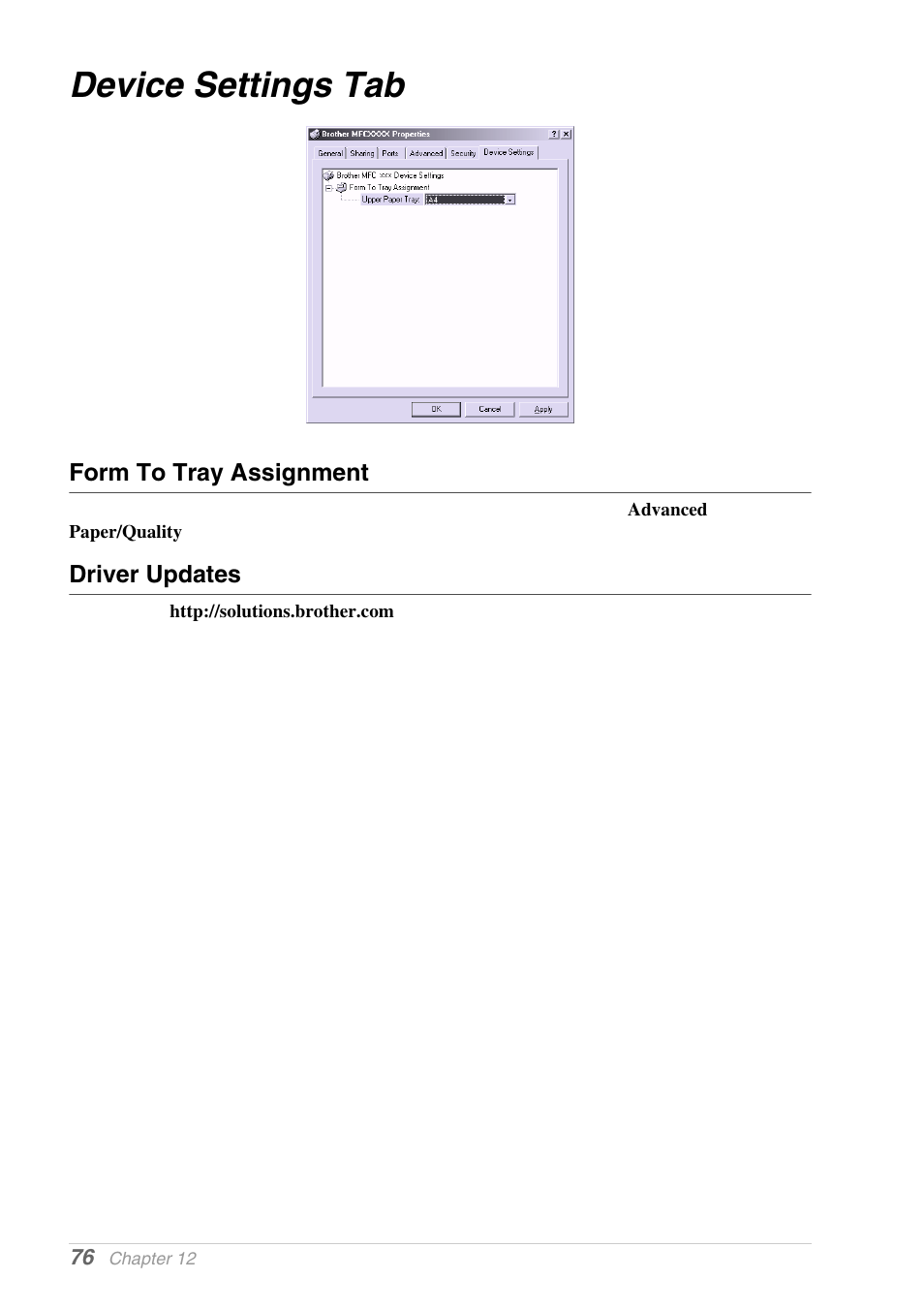 Device settings tab, Form to tray assignment, Driver updates | Brother MFC-9030 User Manual | Page 85 / 166