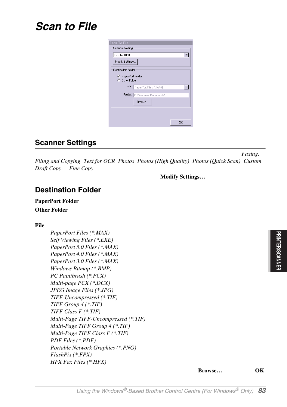 Scan to file, Scanner settings, Destination folder | Brother MFC-9030 User Manual | Page 92 / 166