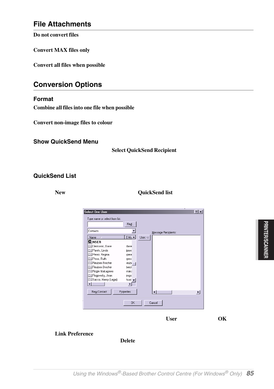 File attachments, Conversion options, Format | Show quicksend menu, Quicksend list | Brother MFC-9030 User Manual | Page 94 / 166