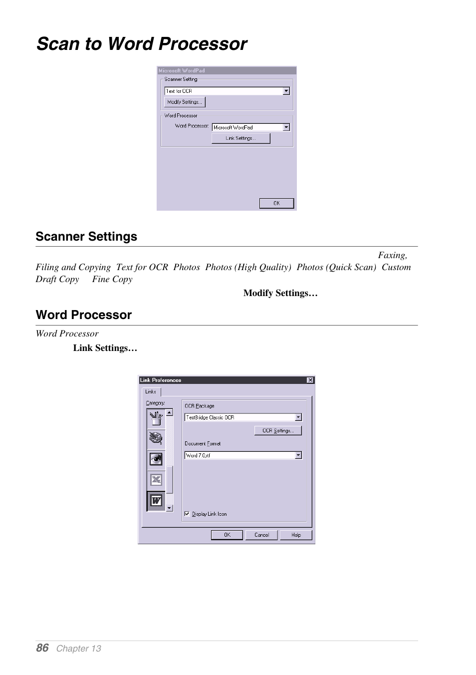 Scan to word processor, Scanner settings, Word processor | Brother MFC-9030 User Manual | Page 95 / 166