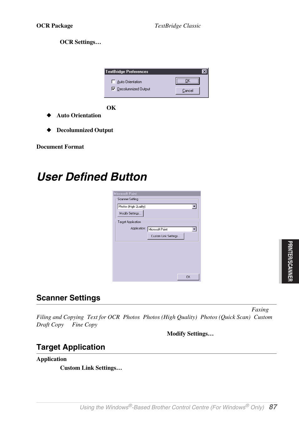 User defined button, Scanner settings, Target application | Brother MFC-9030 User Manual | Page 96 / 166