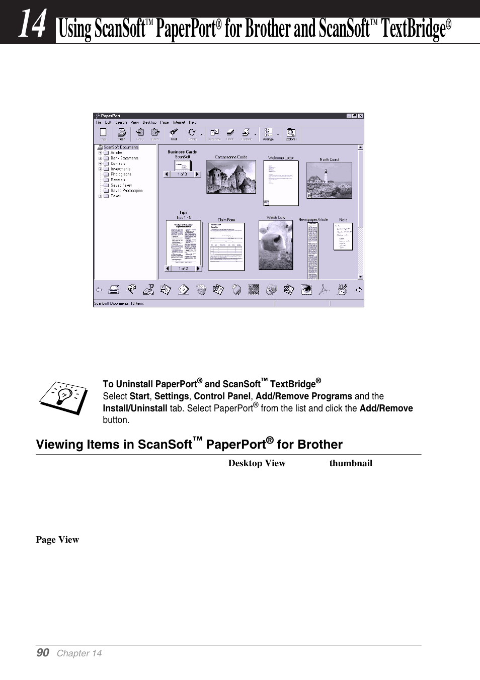 Viewing items in scansoft™ paperport® for brother, Chapter 14, Using scansoft | Paperport, For brother and, Scansoft, Textbridge, For brother and scansoft | Brother MFC-9030 User Manual | Page 99 / 166