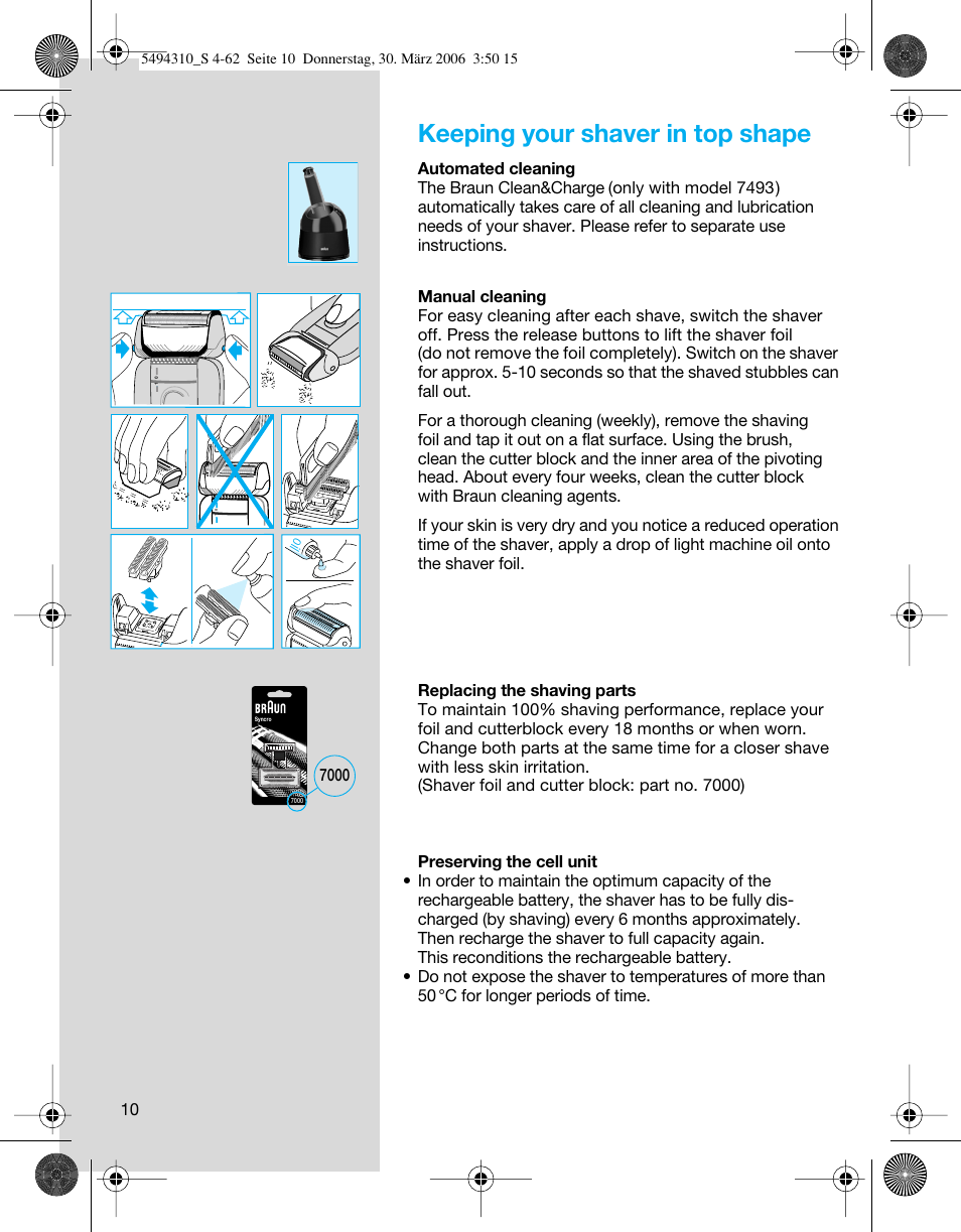 Keeping your shaver in top shape | Braun 7475 Syncro User Manual | Page 10 / 59