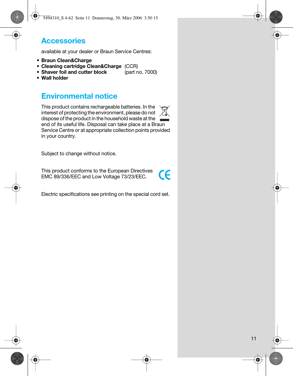 Accessories, Environmental notice | Braun 7475 Syncro User Manual | Page 11 / 59