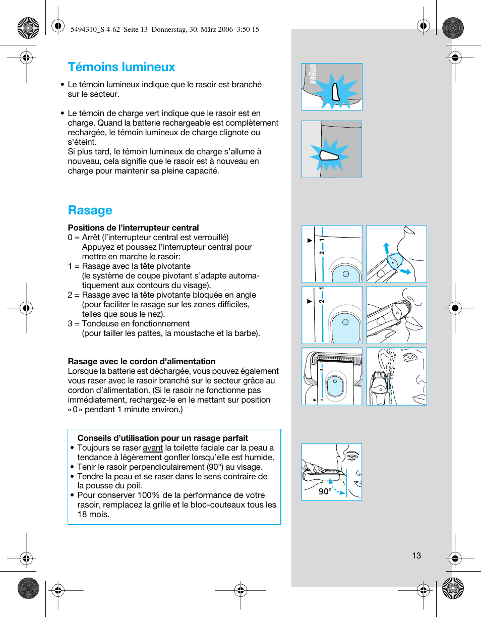 Témoins lumineux, Rasage | Braun 7475 Syncro User Manual | Page 13 / 59