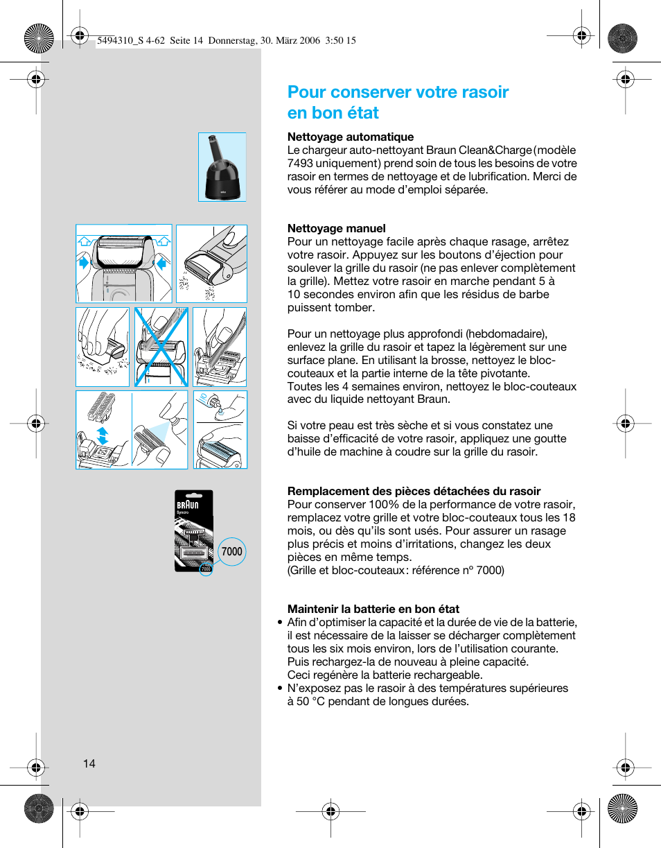 Pour conserver votre rasoir en bon état | Braun 7475 Syncro User Manual | Page 14 / 59