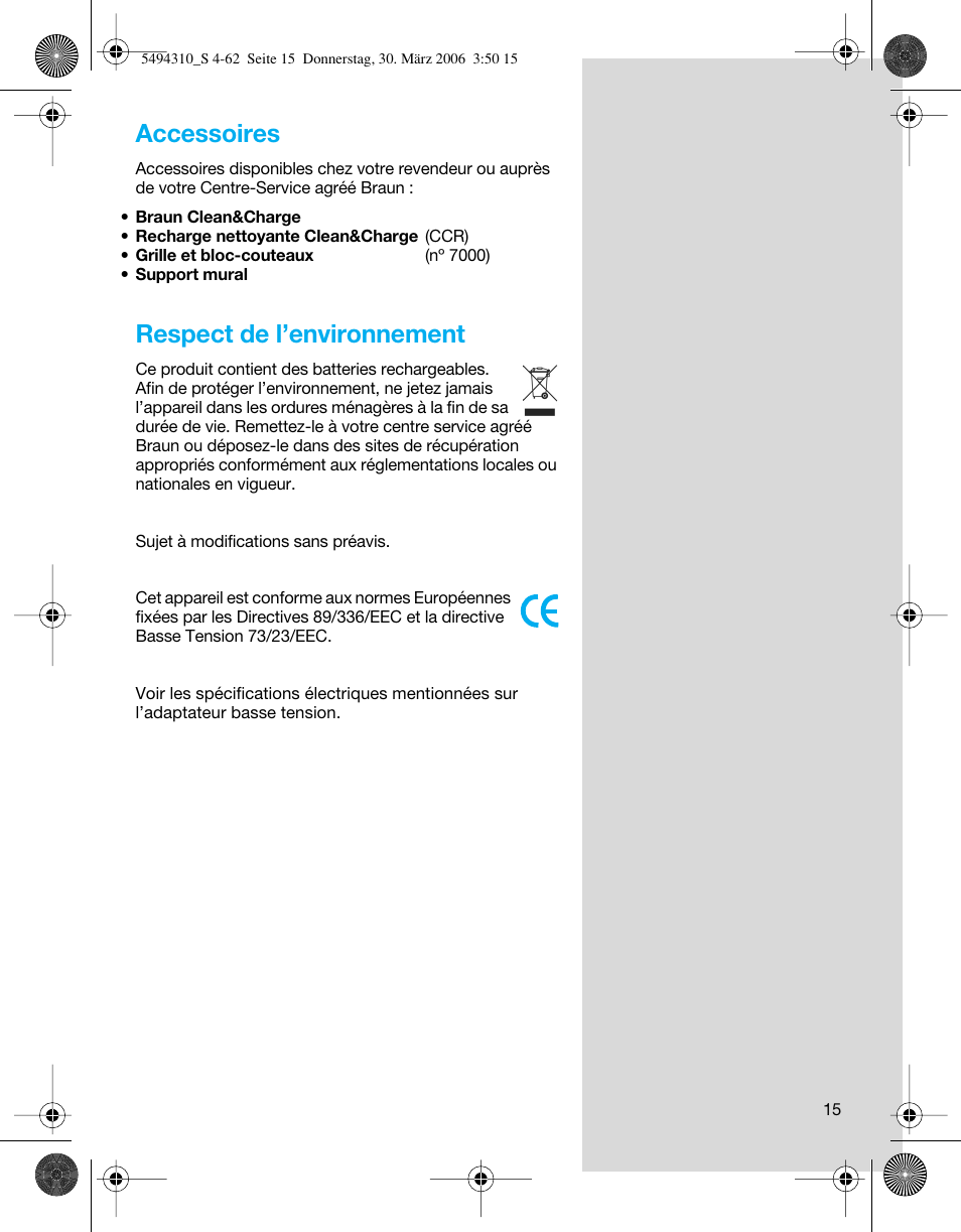 Accessoires, Respect de l’environnement | Braun 7475 Syncro User Manual | Page 15 / 59