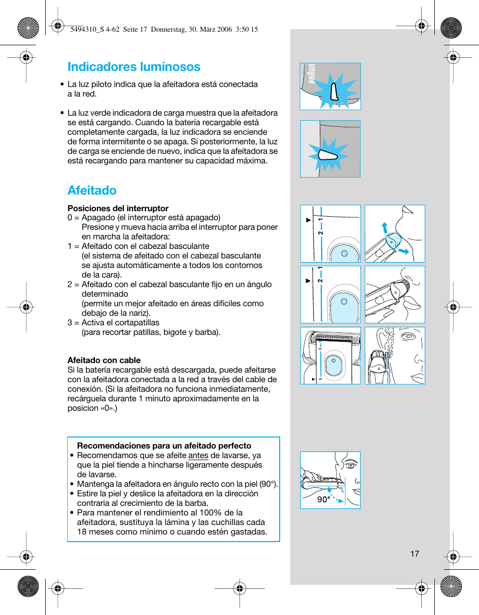 Indicadores luminosos, Afeitado | Braun 7475 Syncro User Manual | Page 17 / 59