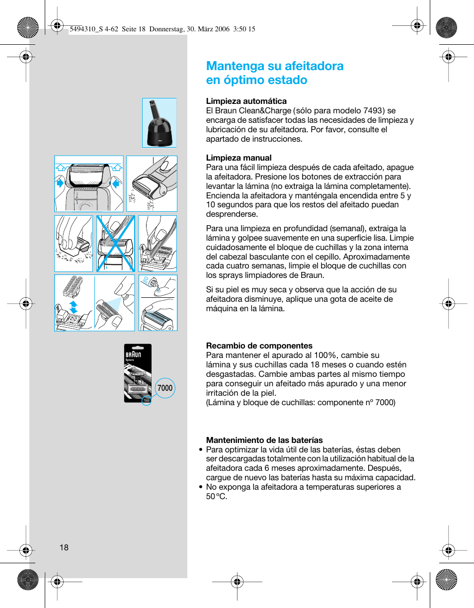 Mantenga su afeitadora en óptimo estado | Braun 7475 Syncro User Manual | Page 18 / 59