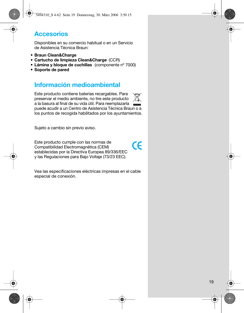 Accesorios, Información medioambiental | Braun 7475 Syncro User Manual | Page 19 / 59