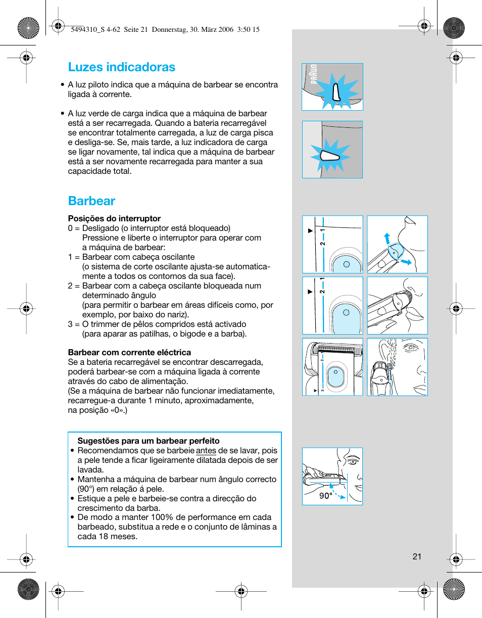 Luzes indicadoras, Barbear | Braun 7475 Syncro User Manual | Page 21 / 59