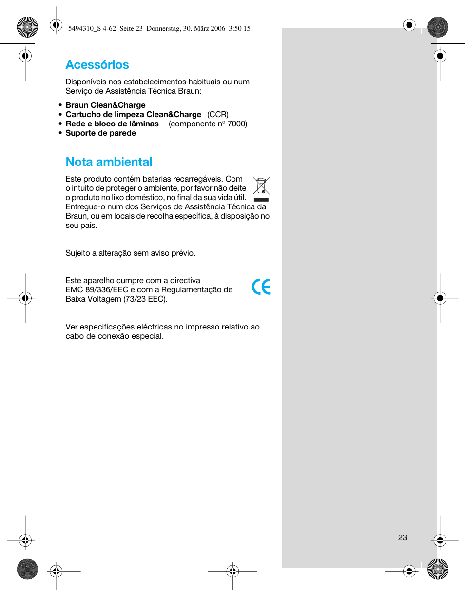 Acessórios, Nota ambiental | Braun 7475 Syncro User Manual | Page 23 / 59