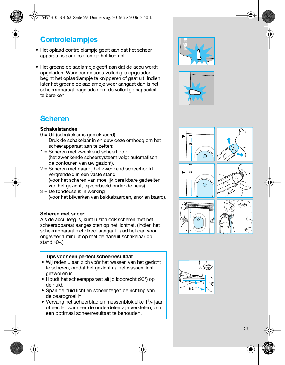 Controlelampjes, Scheren | Braun 7475 Syncro User Manual | Page 29 / 59