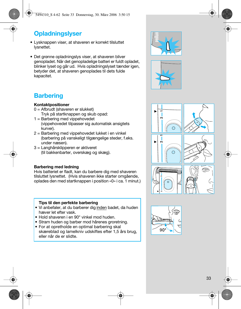 Opladningslyser, Barbering | Braun 7475 Syncro User Manual | Page 33 / 59