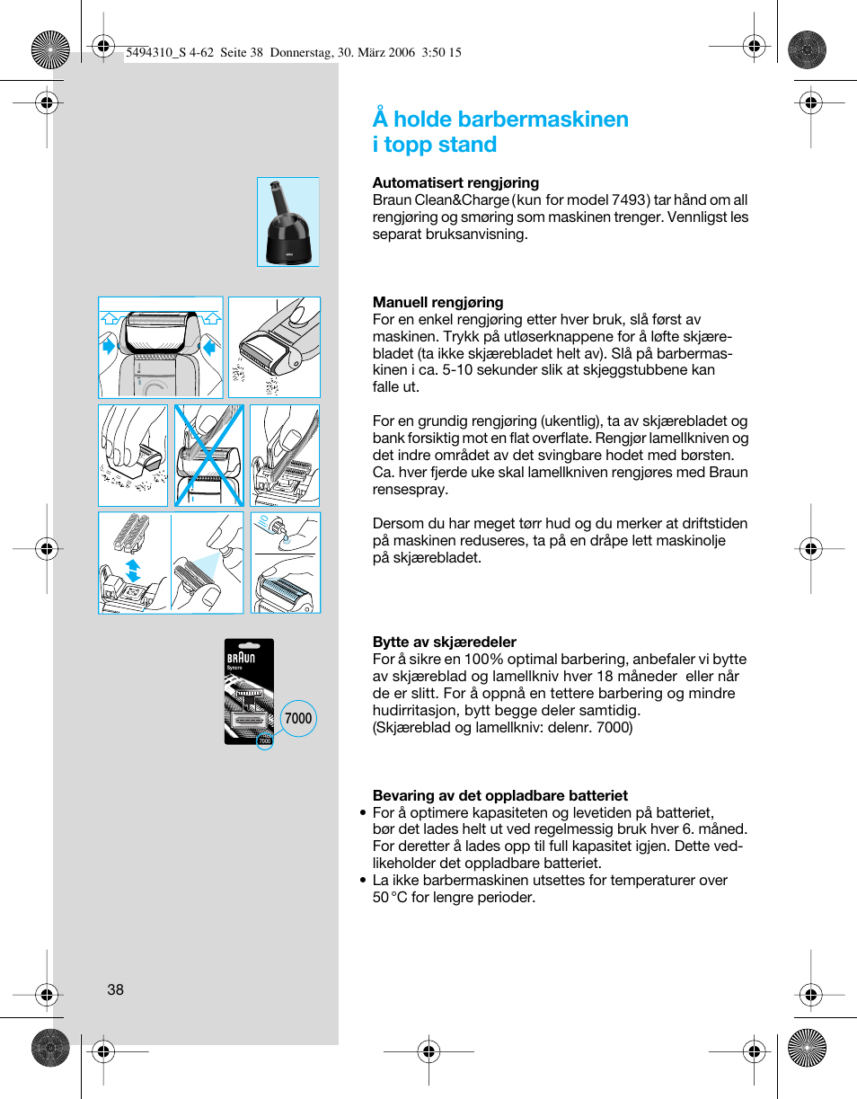 Å holde barbermaskinen i topp stand | Braun 7475 Syncro User Manual | Page 38 / 59