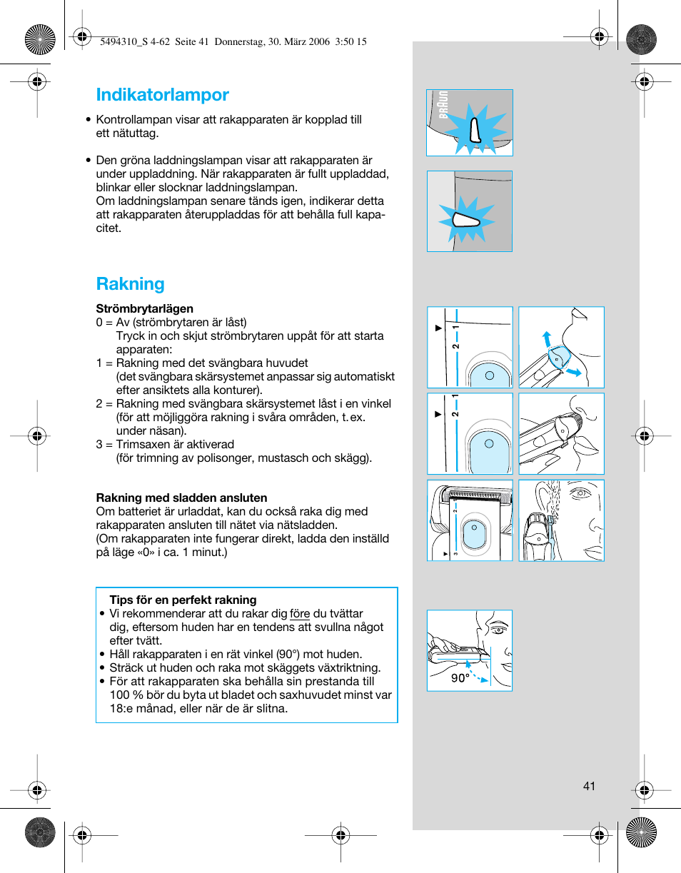 Indikatorlampor, Rakning | Braun 7475 Syncro User Manual | Page 41 / 59