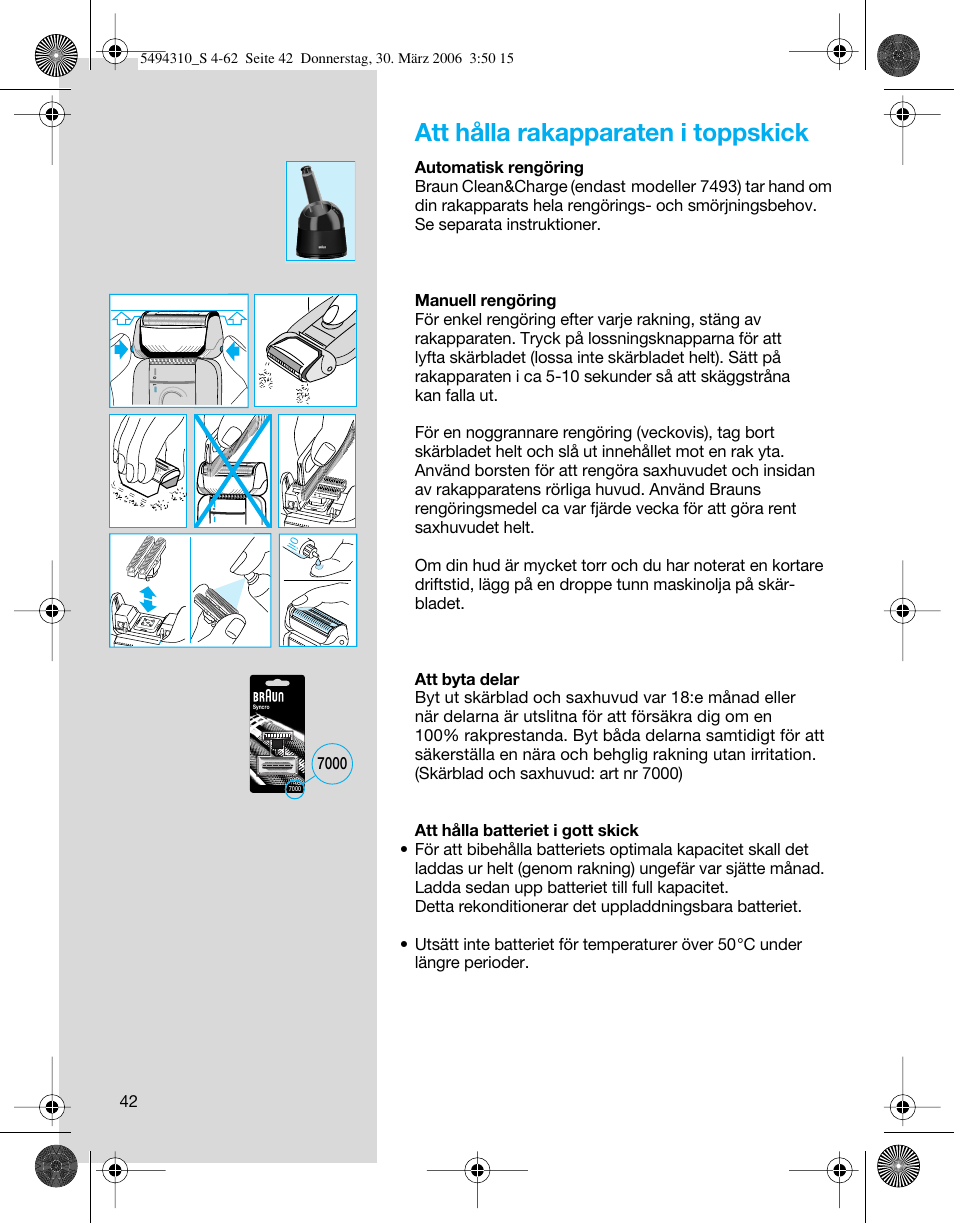 Att hålla rakapparaten i toppskick | Braun 7475 Syncro User Manual | Page 42 / 59